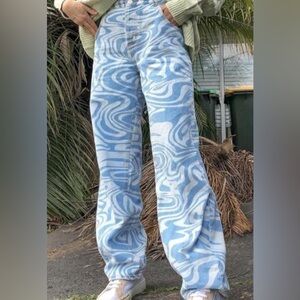 High waisted, blue and white jeans